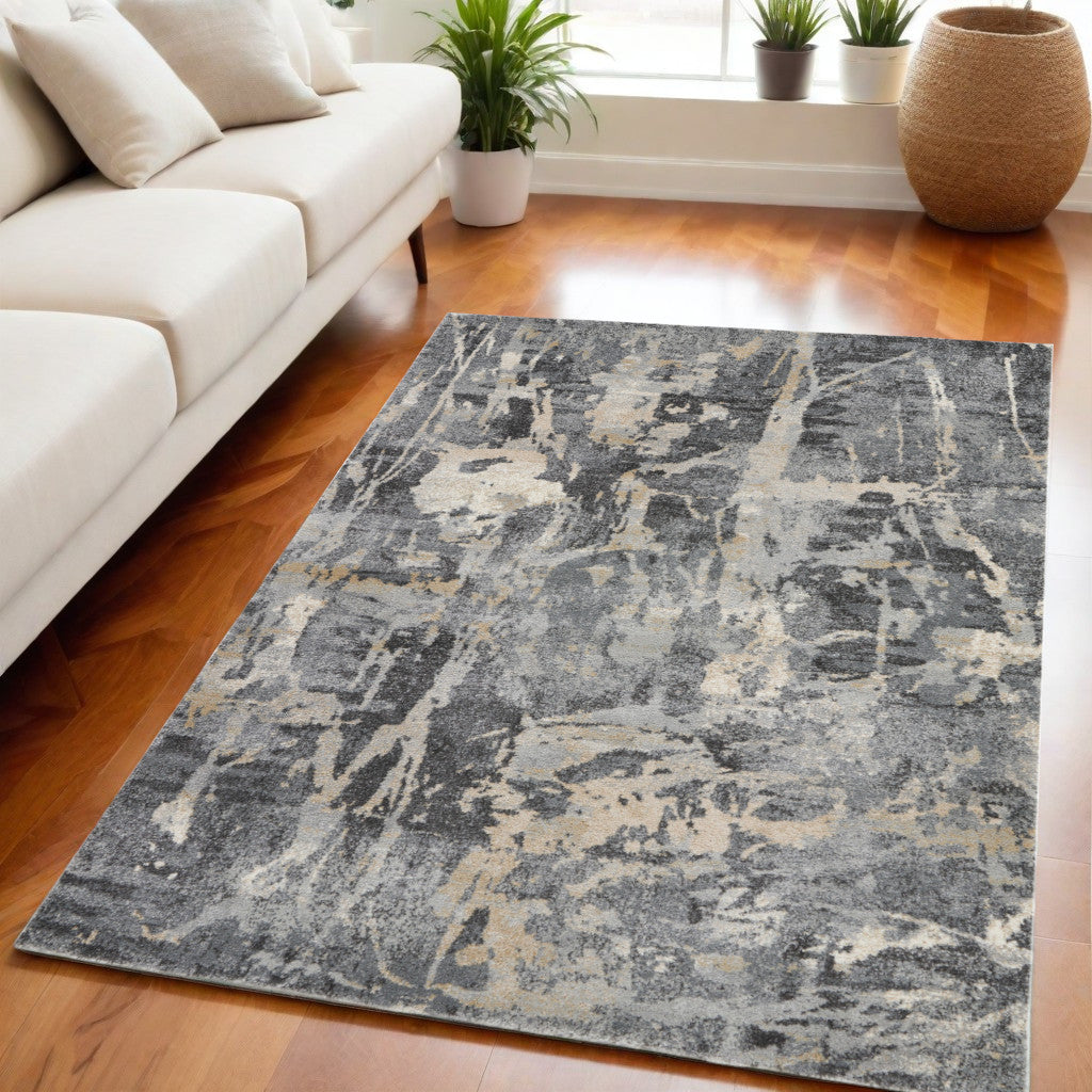 5' X 7' Ivory Black and Gray Abstract Distressed Area Rug