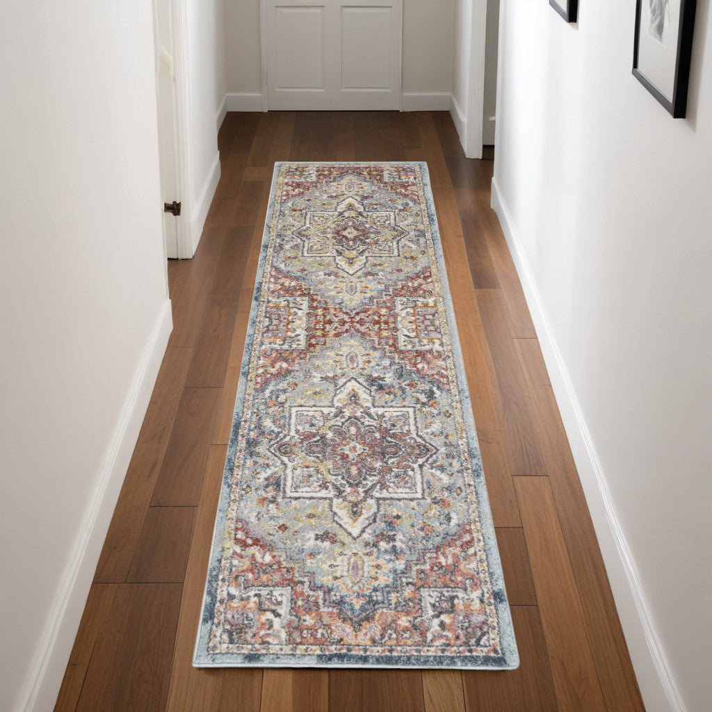 8' Blue and Red Floral Distressed Runner Rug