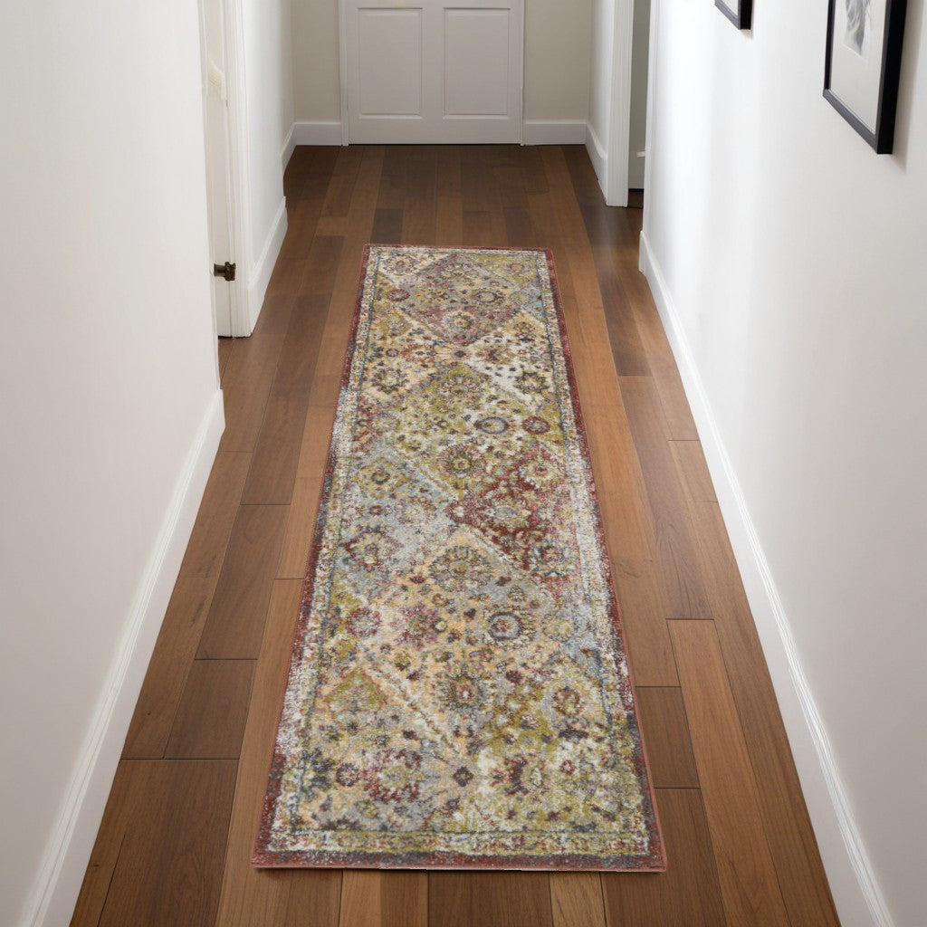 8' Green and Ivory Floral Distressed Runner Rug