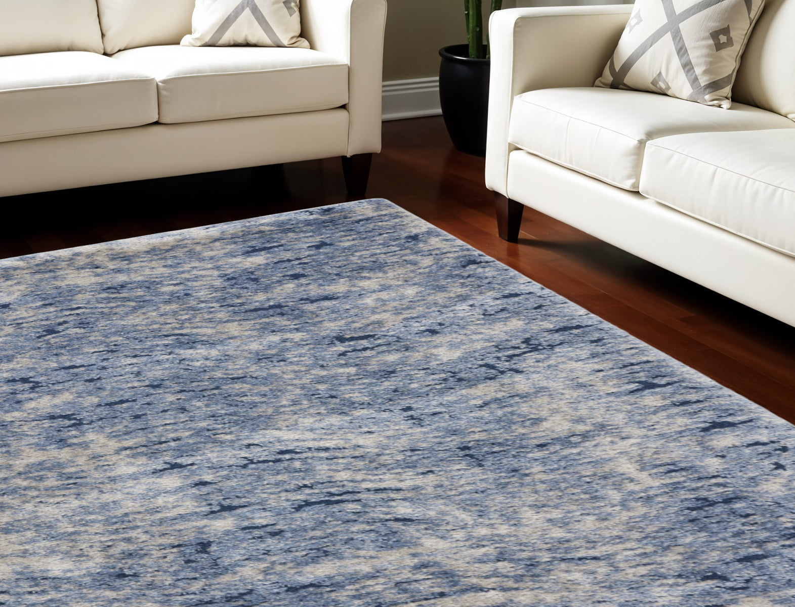 7' X 9' Light Blue Navy Blue and Beige Abstract Shag Area Rug