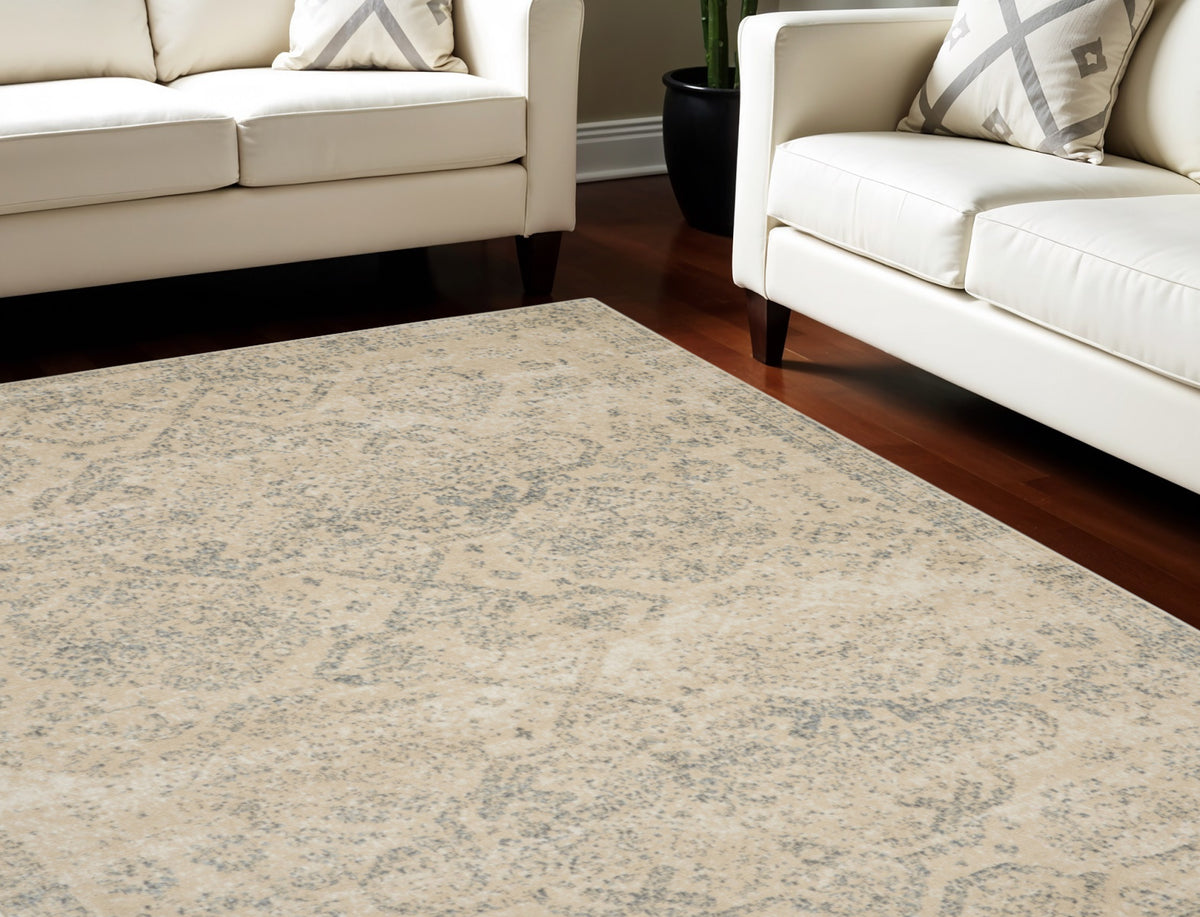 9' X 12' Beige And Gray Geometric Distressed Area Rug