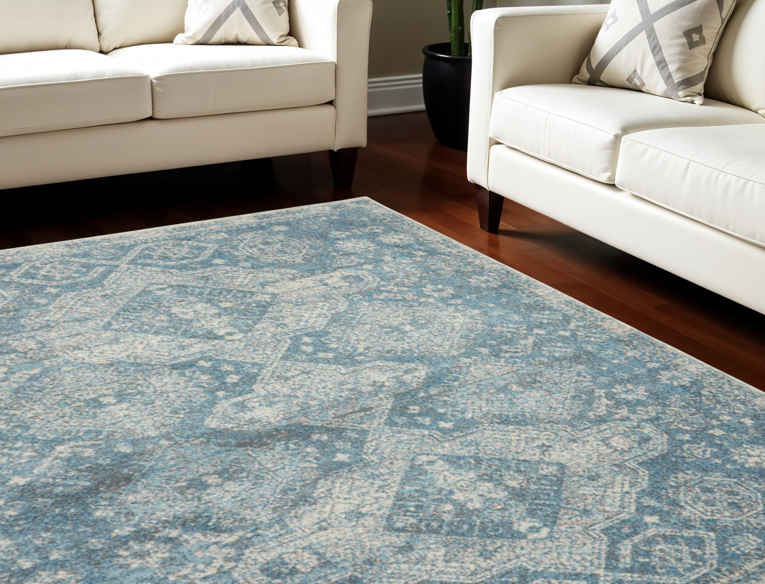 9' X 12' Ivory and Light Blue Geometric Distressed Area Rug