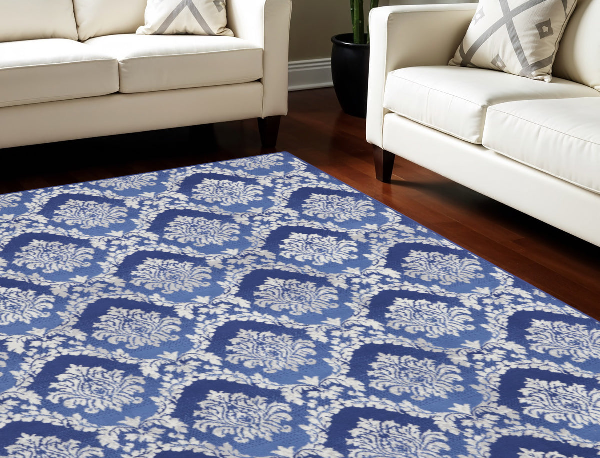 8' X 12' Blue and Ivory Damask Distressed Non Skid Area Rug
