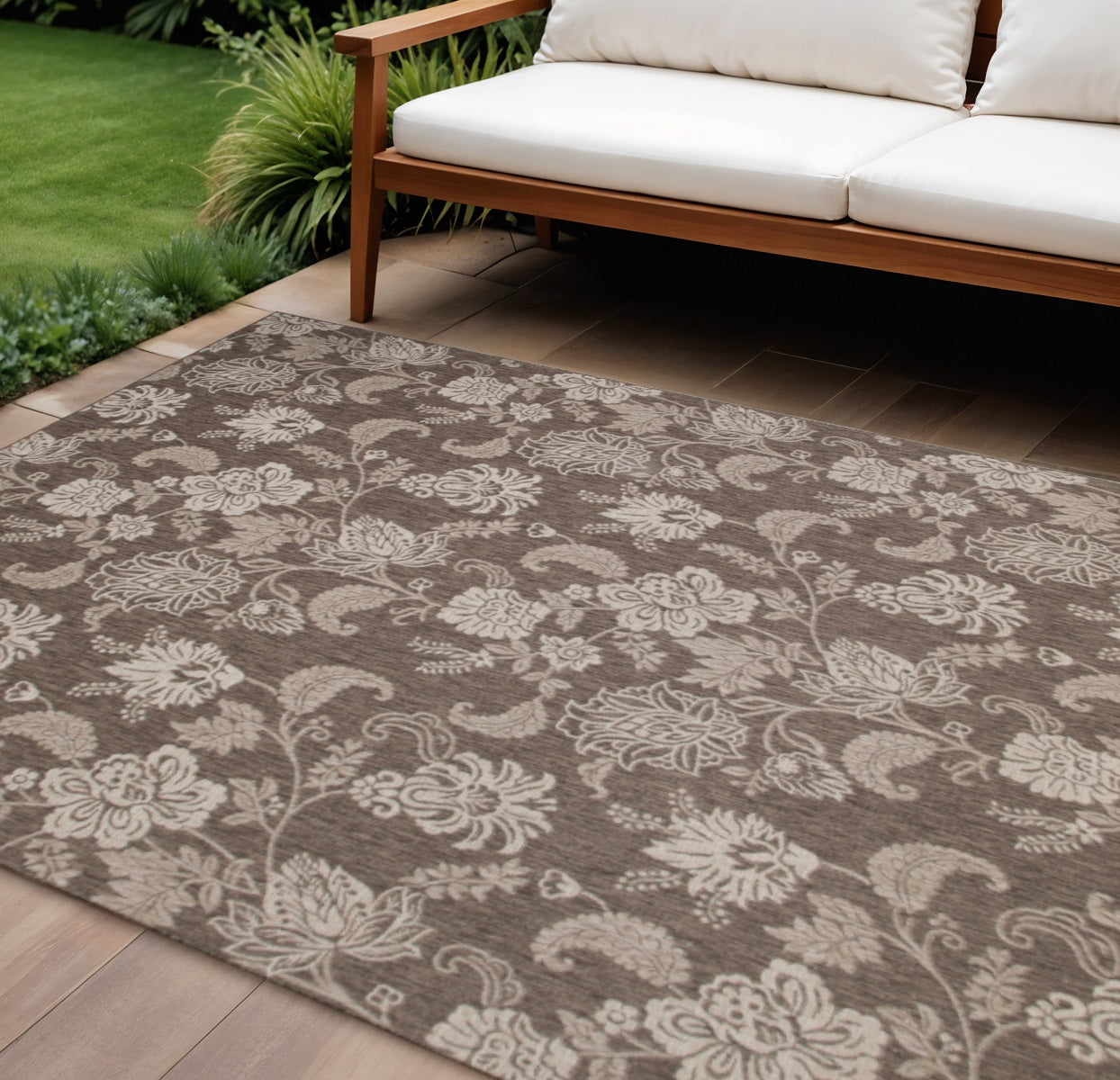 9 X 12 Brown And Ivory Floral Indoor Outdoor Area Rug