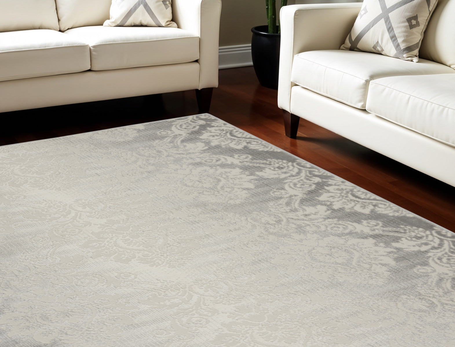 9' X 12' Gray and Ivory Damask Distressed Non Skid Area Rug