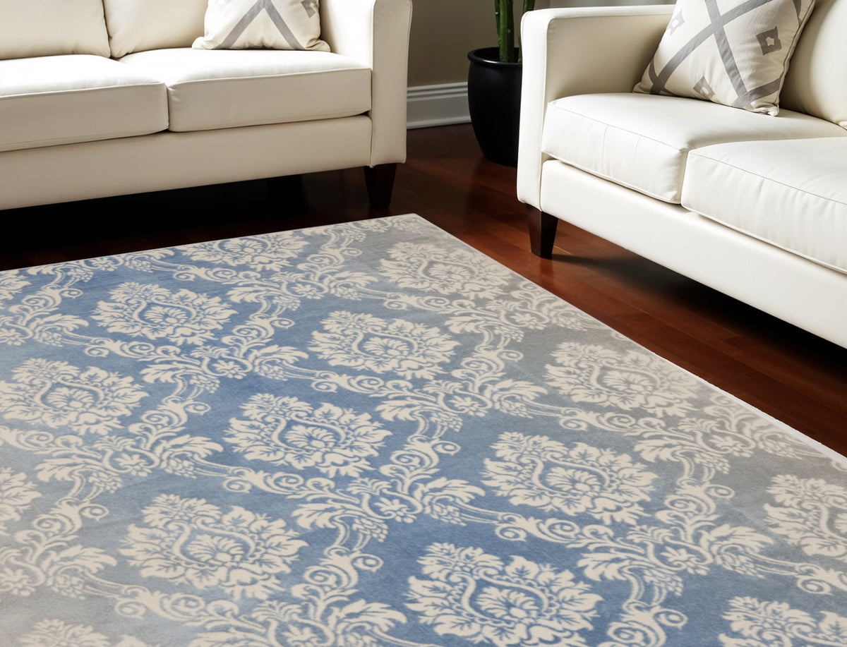 9' X 12' Blue and Ivory Damask Distressed Non Skid Area Rug
