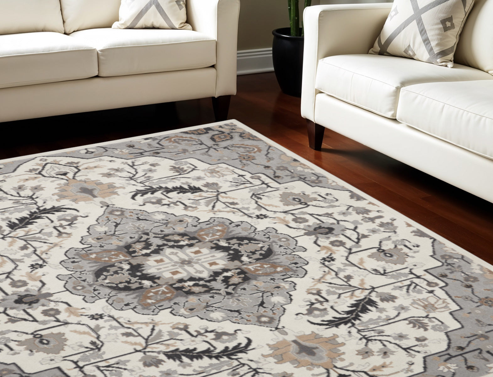 9' X 12' Ivory Black and Gray Floral Medallion Non Skid Area Rug
