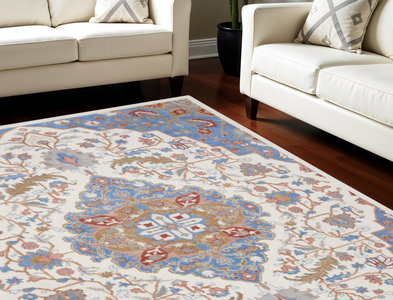 9' X 12' Ivory Tan and Blue Floral Medallion Non Skid Area Rug