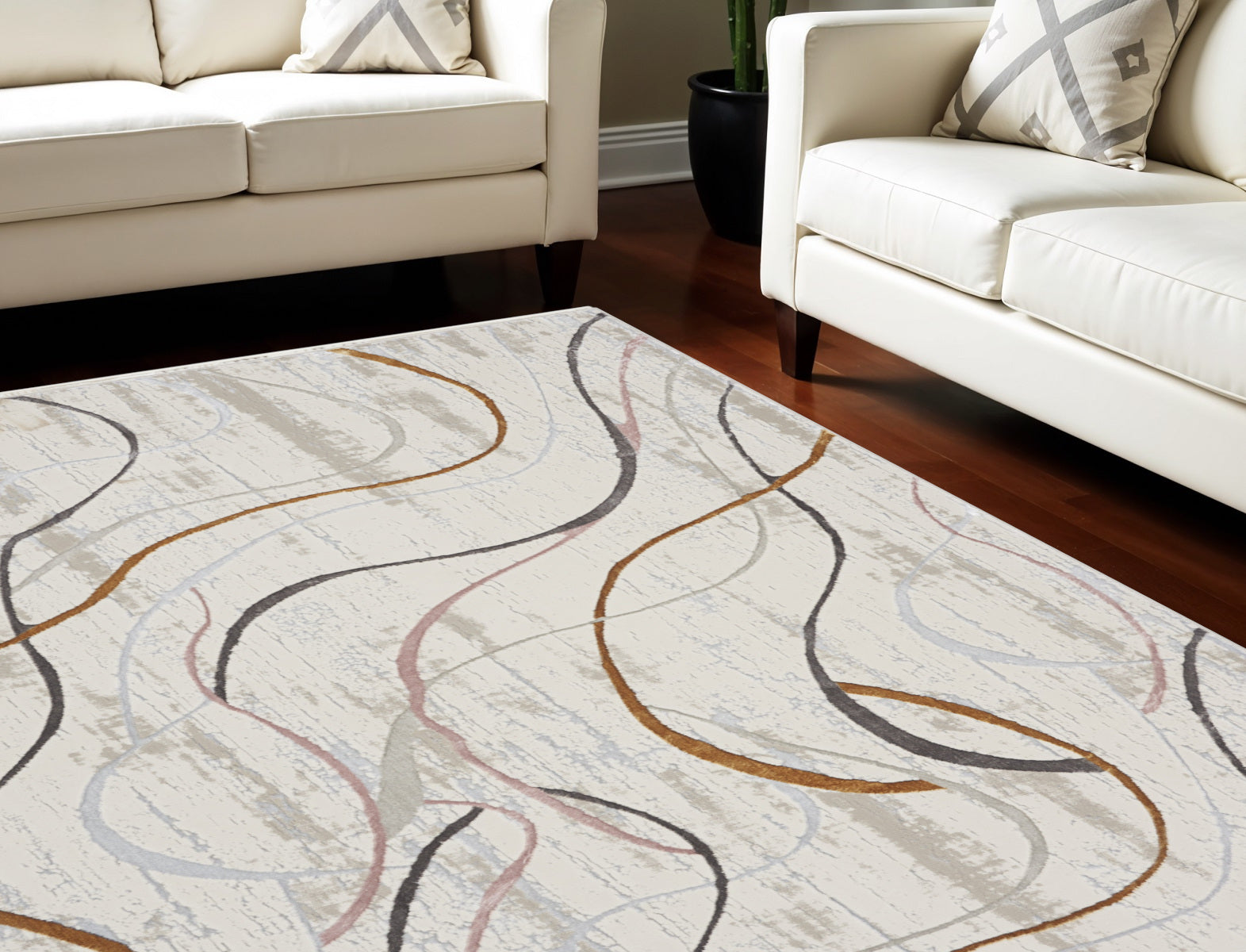 9' X 12' Ivory Black and Brown Abstract Non Skid Area Rug