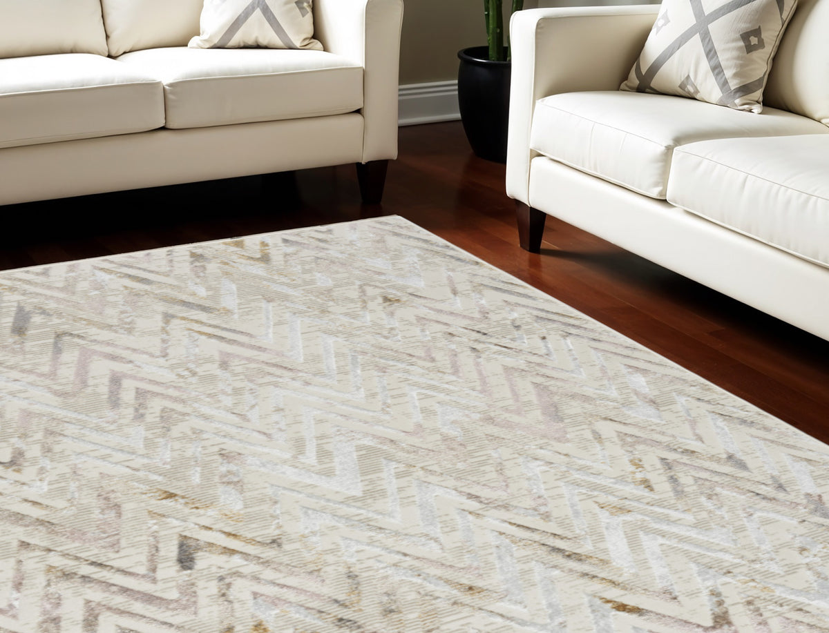 9' X 12' Ivory Black and Gray Chevron Distressed Non Skid Area Rug