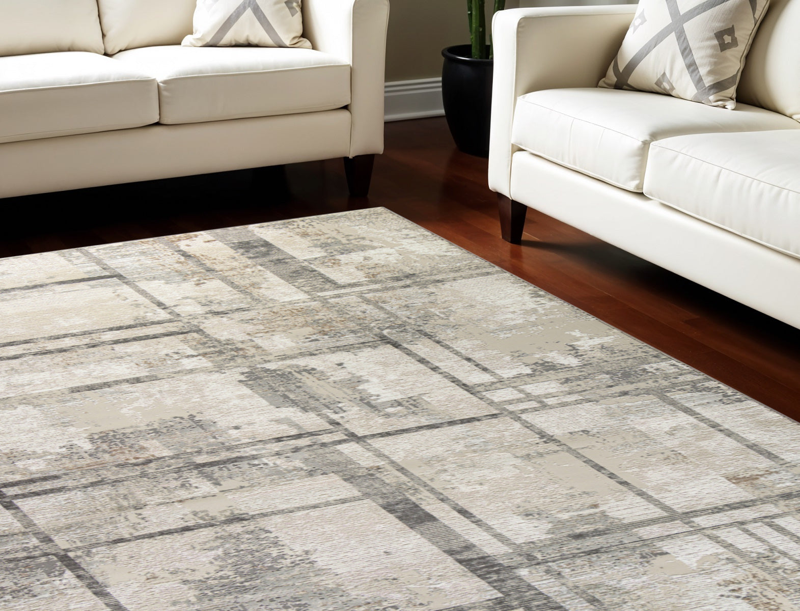 9' X 12' Ivory and Gray Abstract Non Skid Area Rug