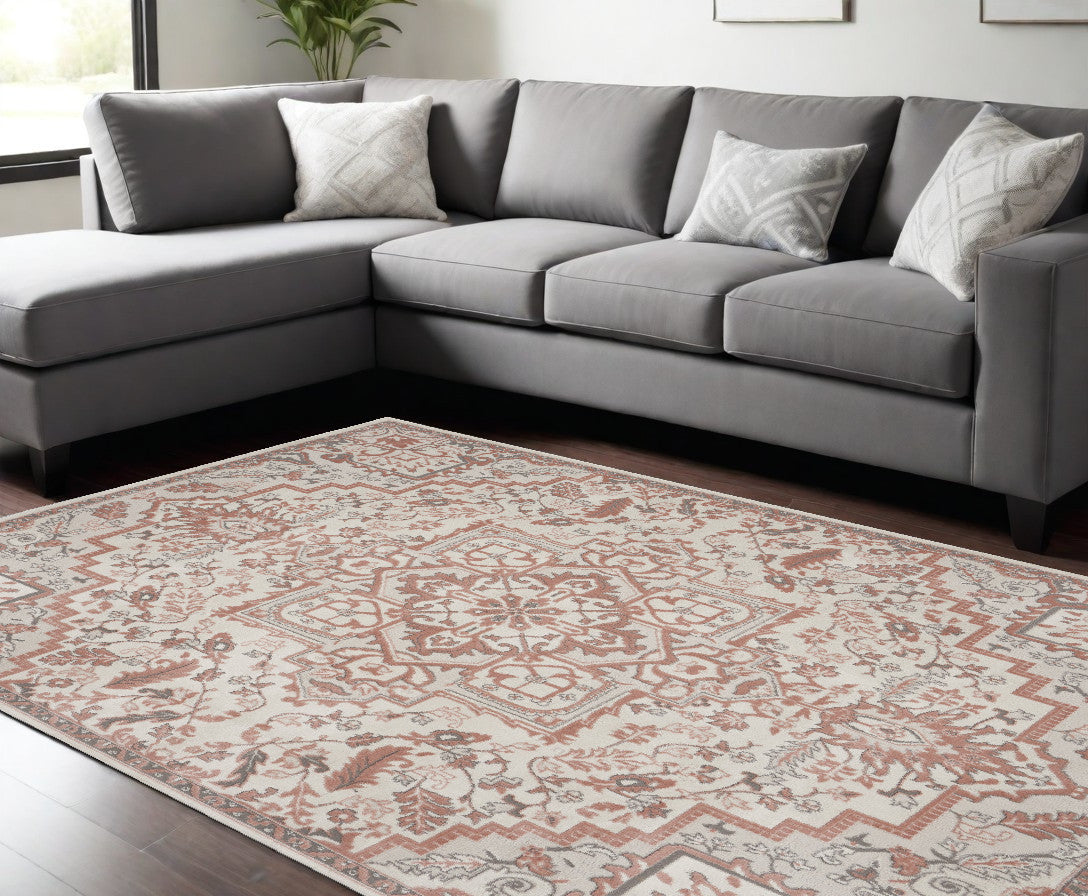 9' X 12' Ivory and Red Floral Medallion Non Skid Area Rug