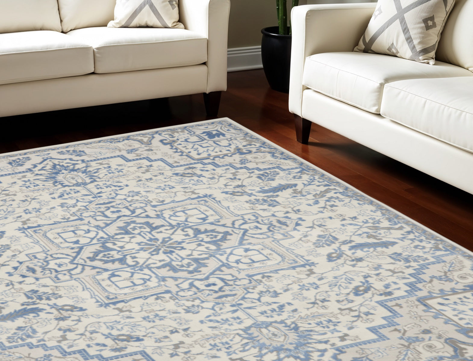 9' X 12' Ivory Blue and Gray Floral Non Skid Area Rug