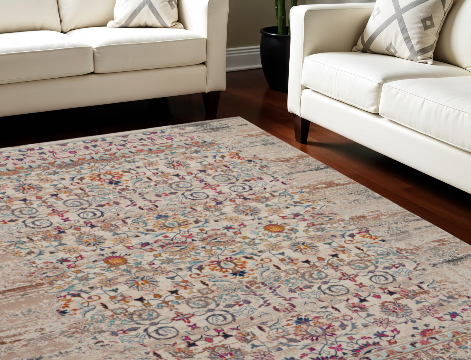 9' X 12' Ivory And Brown Floral Distressed Non Skid Area Rug
