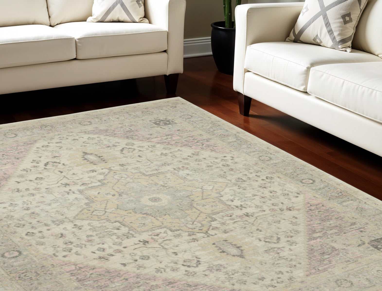 9' X 12' Ivory Pink And Gray Floral Medallion Distressed Area Rug