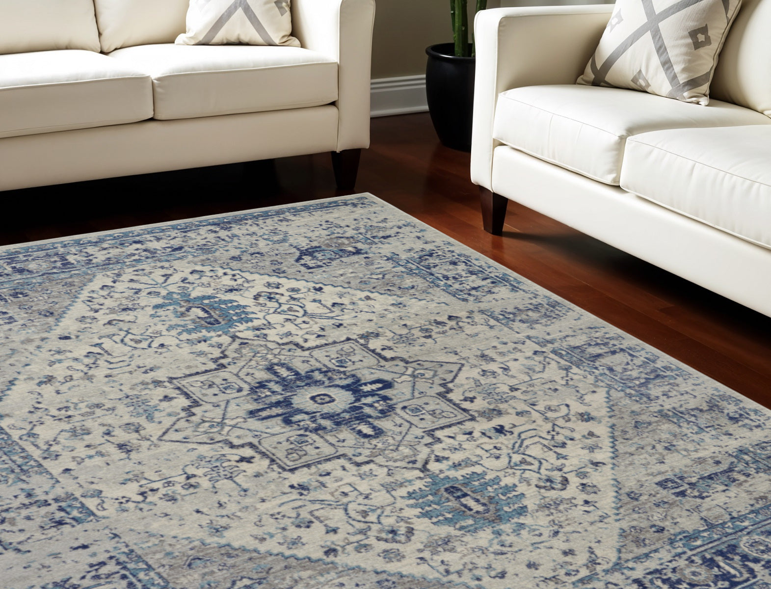 9' X 12' Ivory And Light Blue Floral Medallion Distressed Area Rug