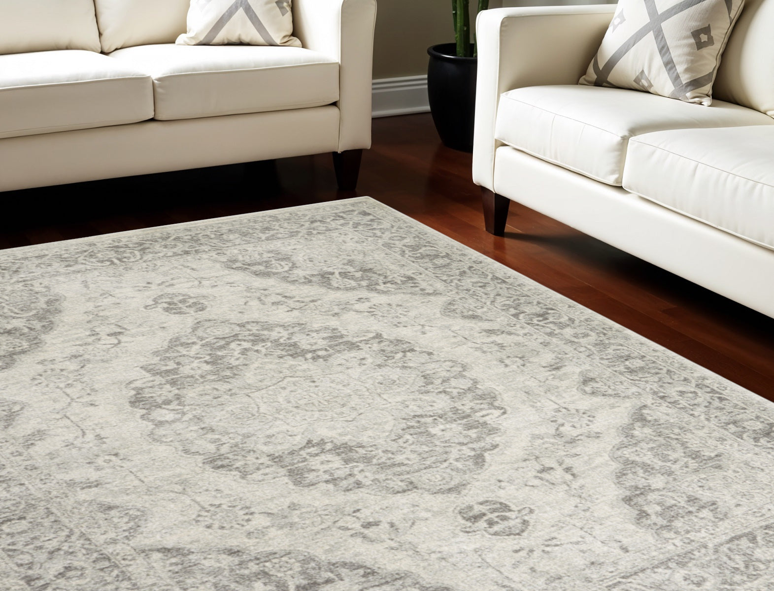 9' X 12' Ivory And Gray Floral Medallion Distressed Area Rug
