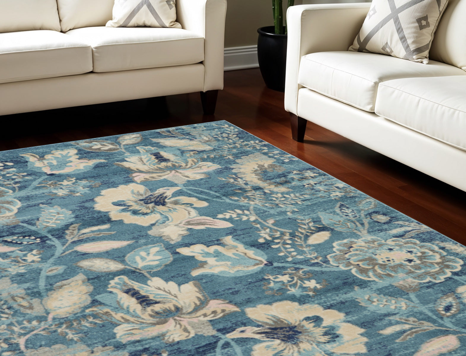 9' X 12' Turquoise Cream and Navy Blue Floral Distressed Area Rug