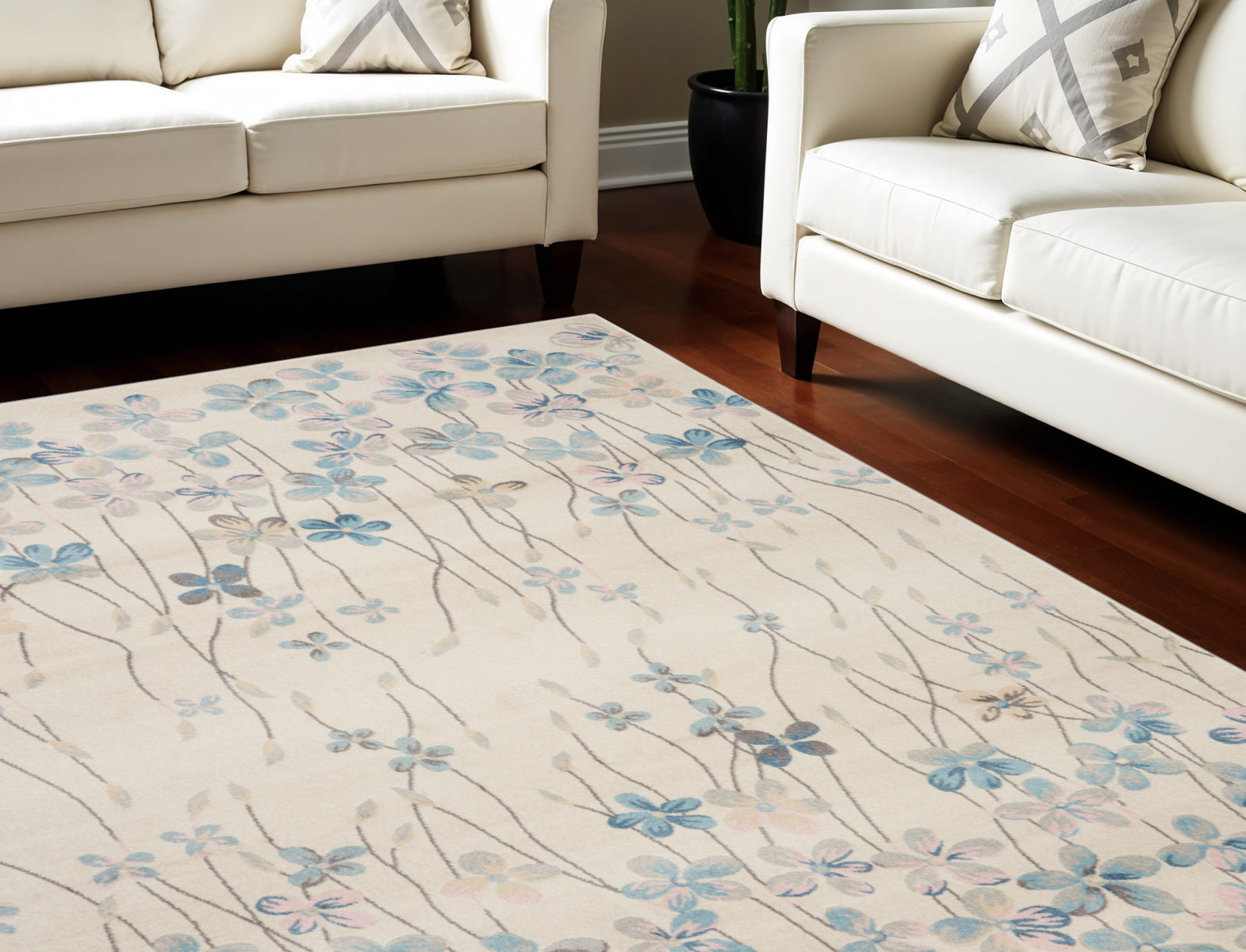 9' X 12' Ivory And Blue Floral Area Rug