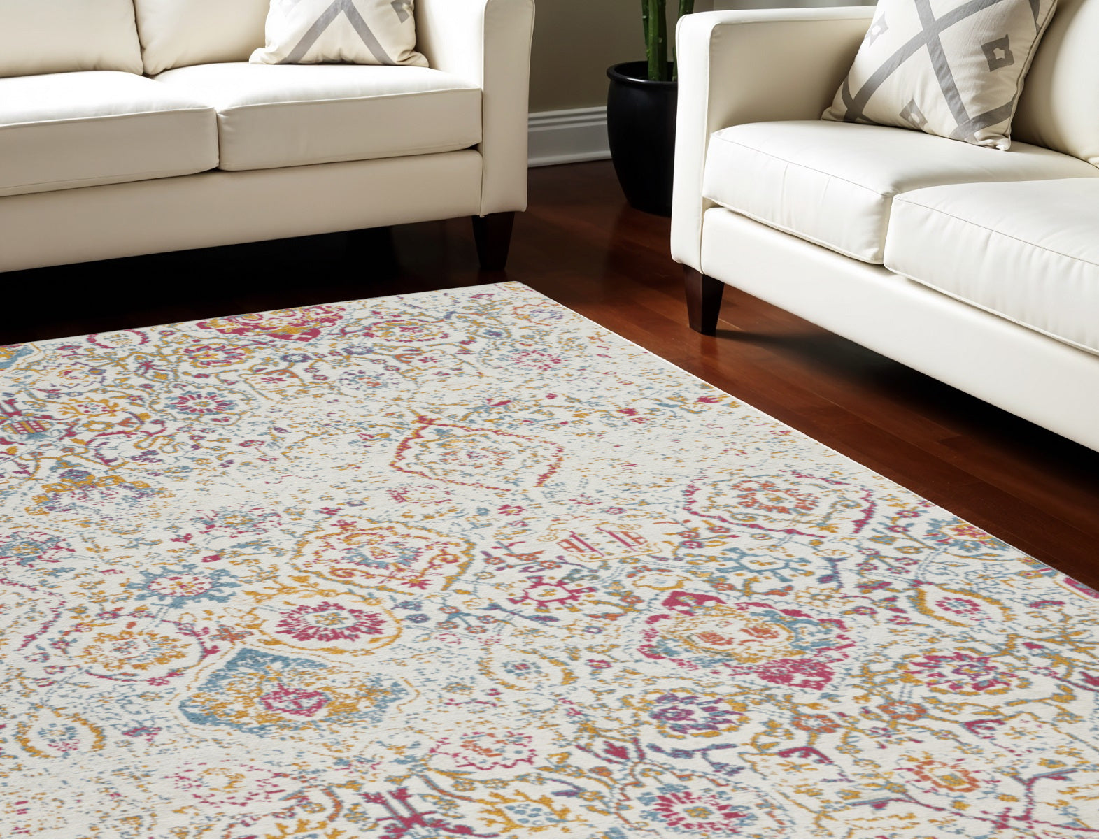 9' X 12' Ivory Red and Light Blue Damask Distressed Area Rug