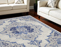 8' X 12' Ivory and Blue Floral Medallion Distressed Non Skid Area Rug