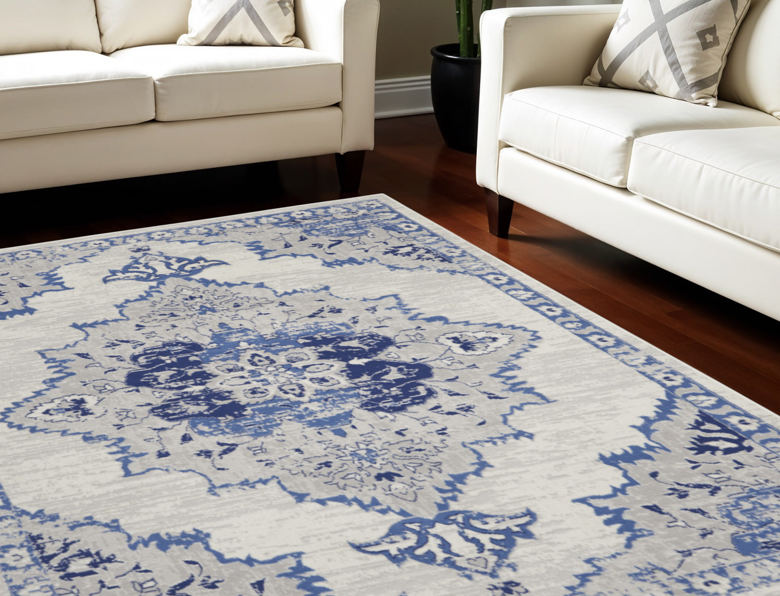 8' X 12' Ivory and Blue Floral Medallion Distressed Non Skid Area Rug