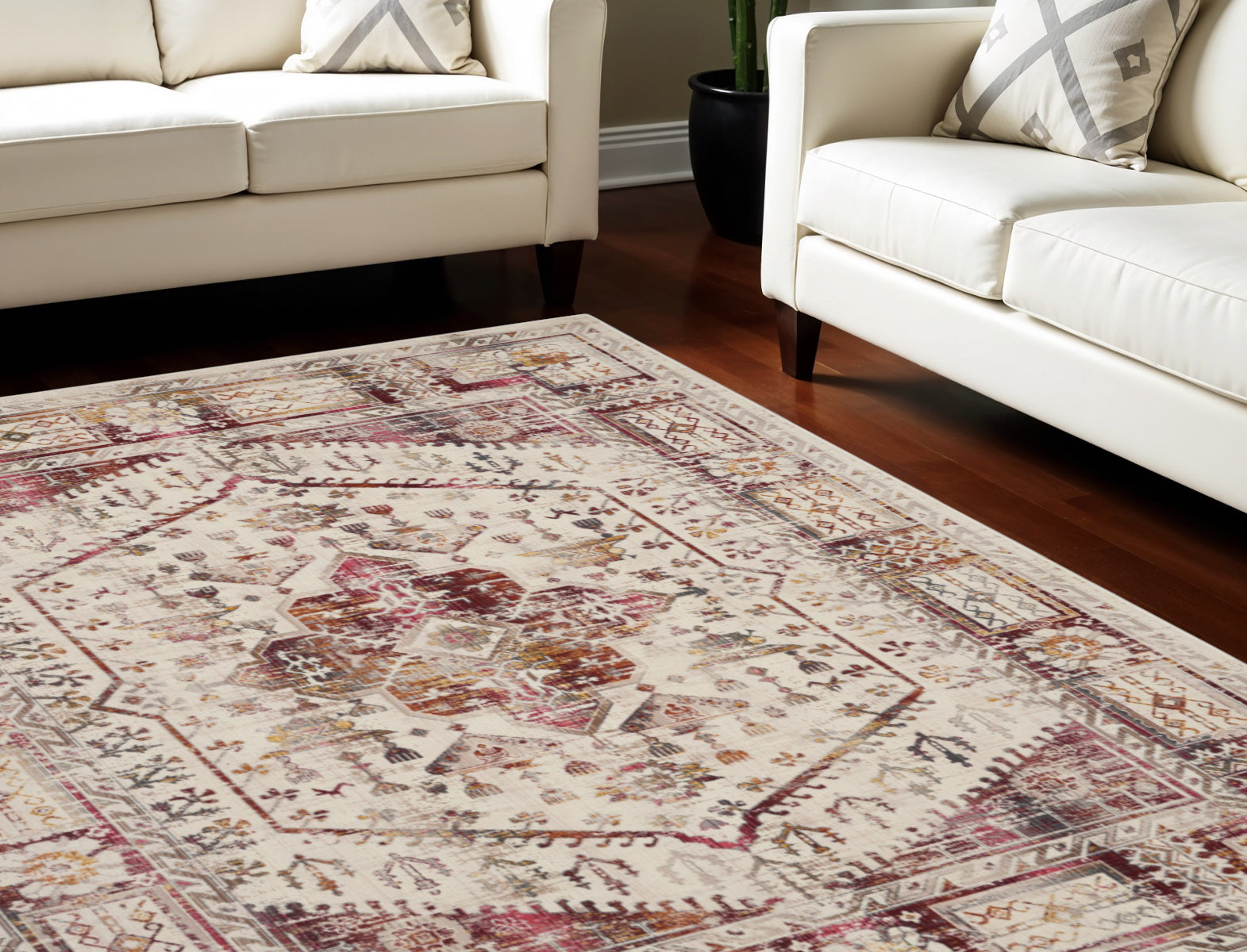 9' X 12' Ivory Red And Orange Floral Distressed Non Skid Area Rug