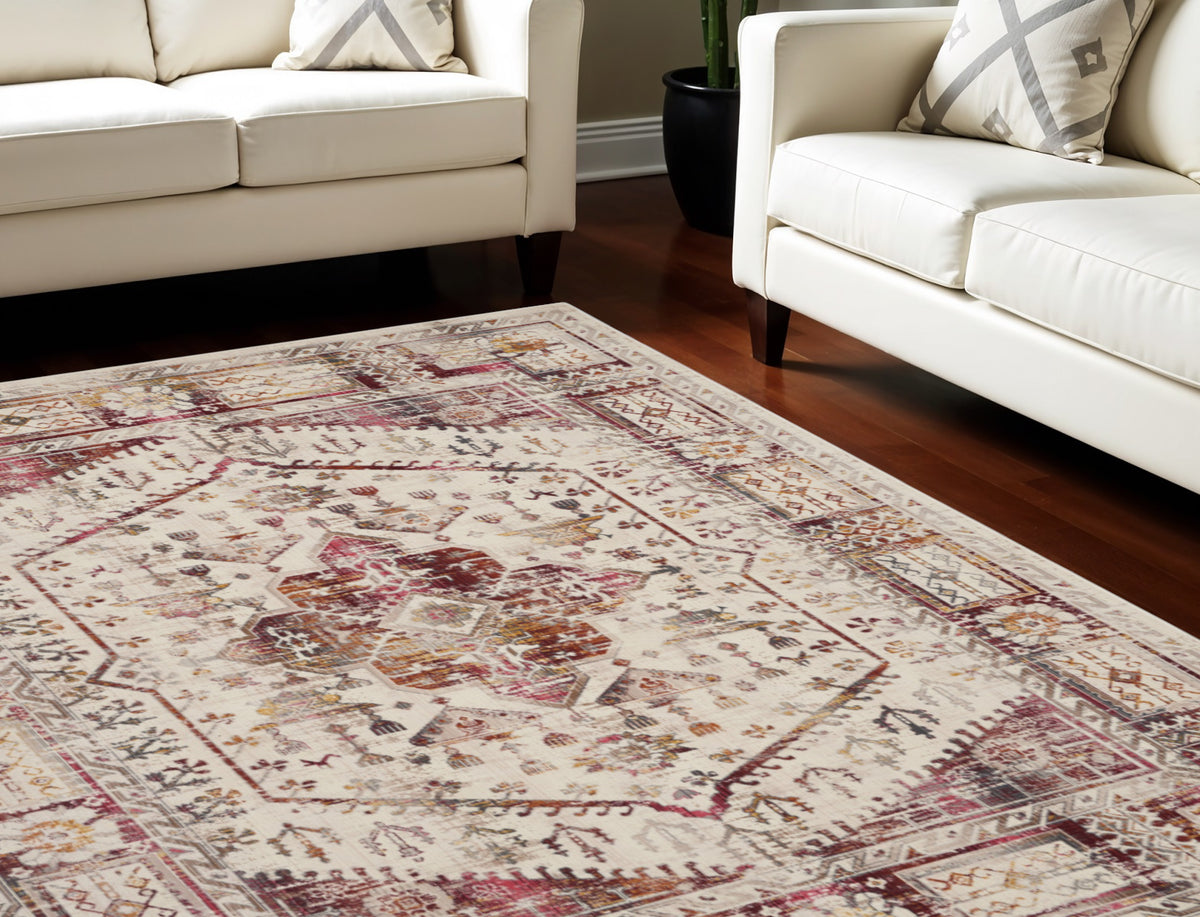 9' X 12' Ivory Red And Orange Floral Distressed Non Skid Area Rug