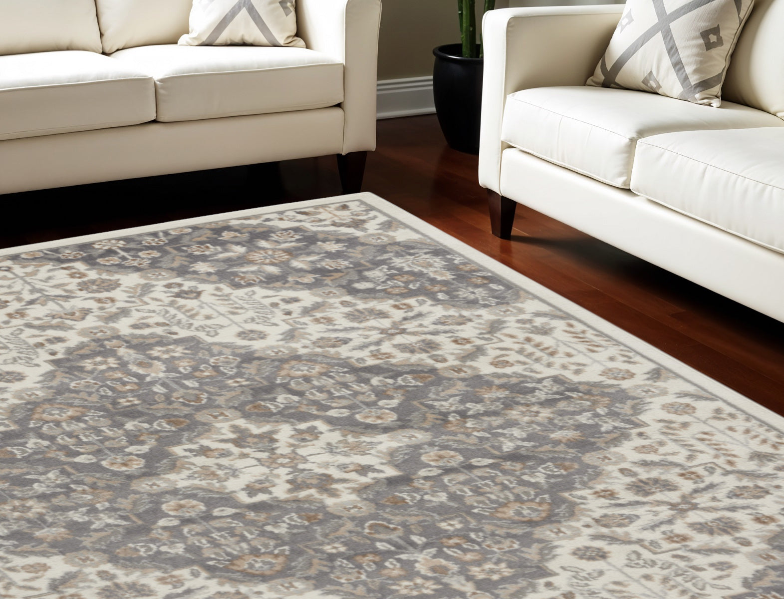 9' X 12' Ivory and Gray Floral Non Skid Area Rug