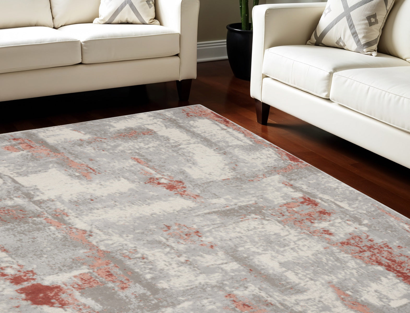 9' X 12' Gray and Red Abstract Non Skid Area Rug
