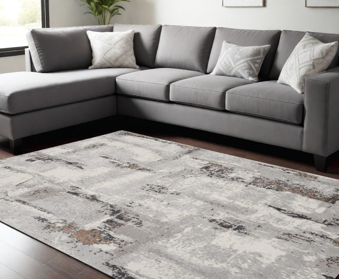 9' X 12' Ivory Black and Gray Abstract Non Skid Area Rug