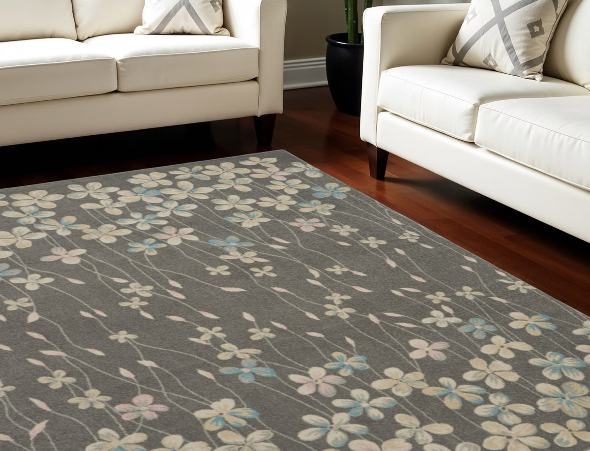 9' X 12' Beige And Gray Floral Area Rug