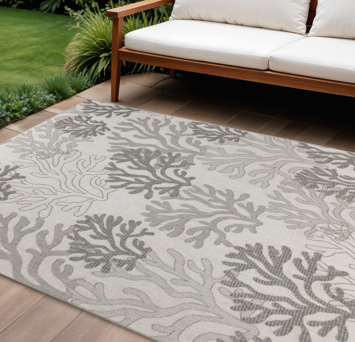 9 X 12 Gray Black And Ivory Nautical Indoor Outdoor Area Rug