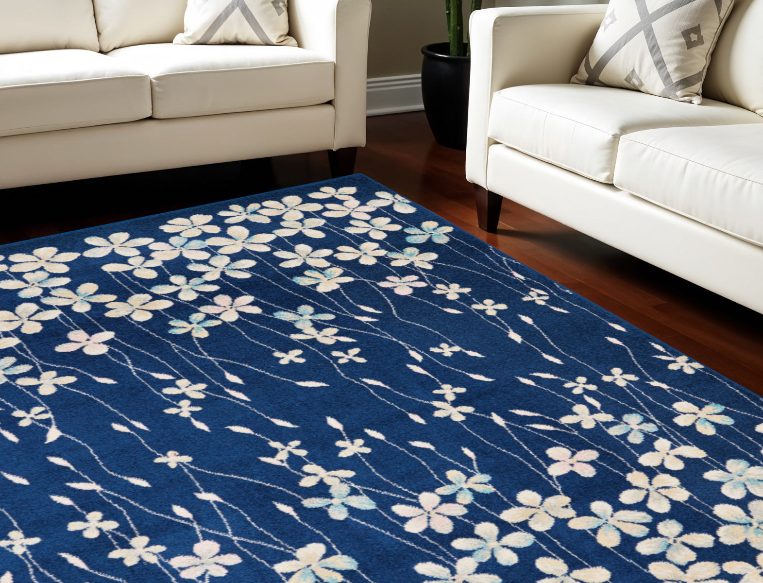 9' X 12' Navy Blue and Ivory Floral Area Rug