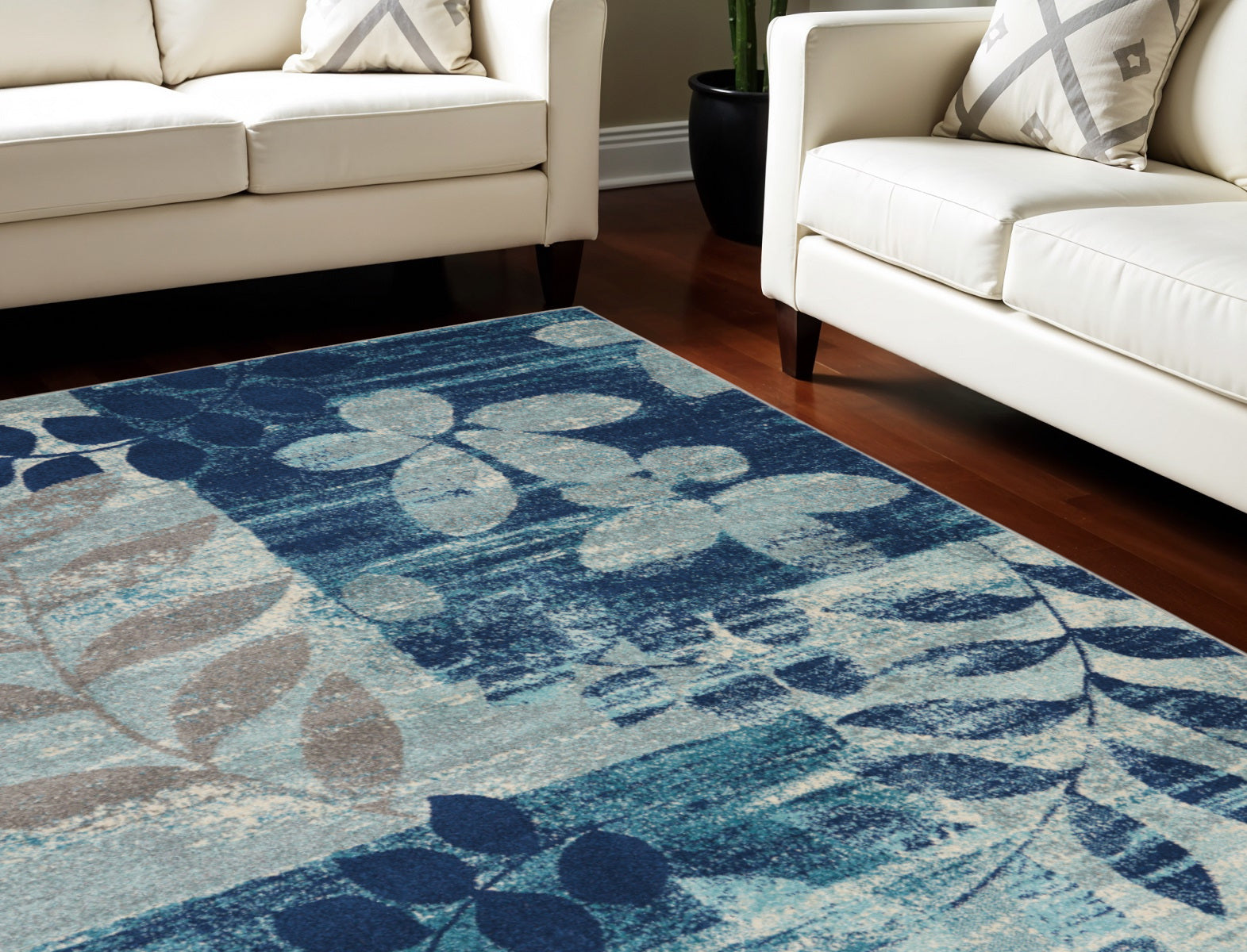 9' X 12' Navy Blue and Ivory Botanical Leaves Area Rug