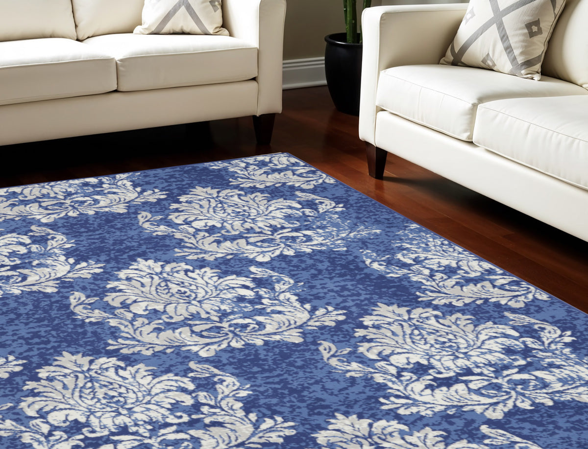 8' X 12' Navy Blue and Ivory Damask Distressed Non Skid Area Rug