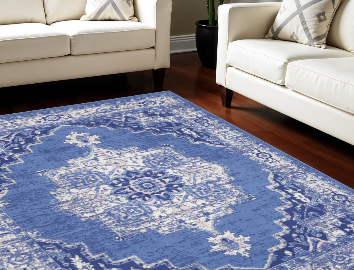 8' X 12' Ivory Navy Blue and Beige Floral Medallion Distressed Non Skid Area Rug