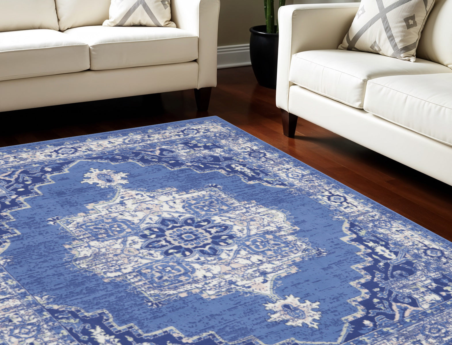 8' X 12' Ivory Navy Blue and Beige Floral Medallion Distressed Non Skid Area Rug