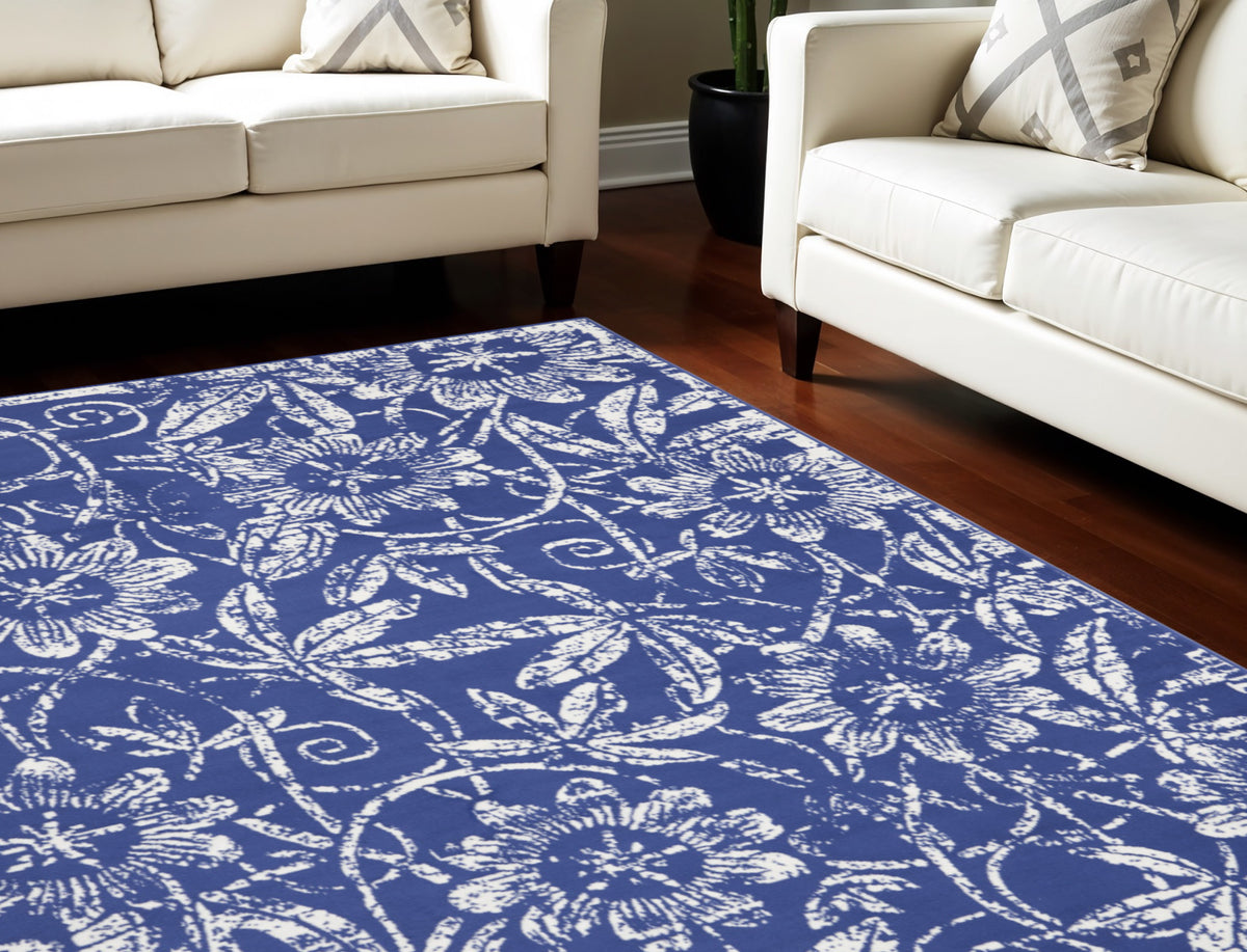 8' X 12' Ivory and Navy Blue Floral Distressed Non Skid Area Rug