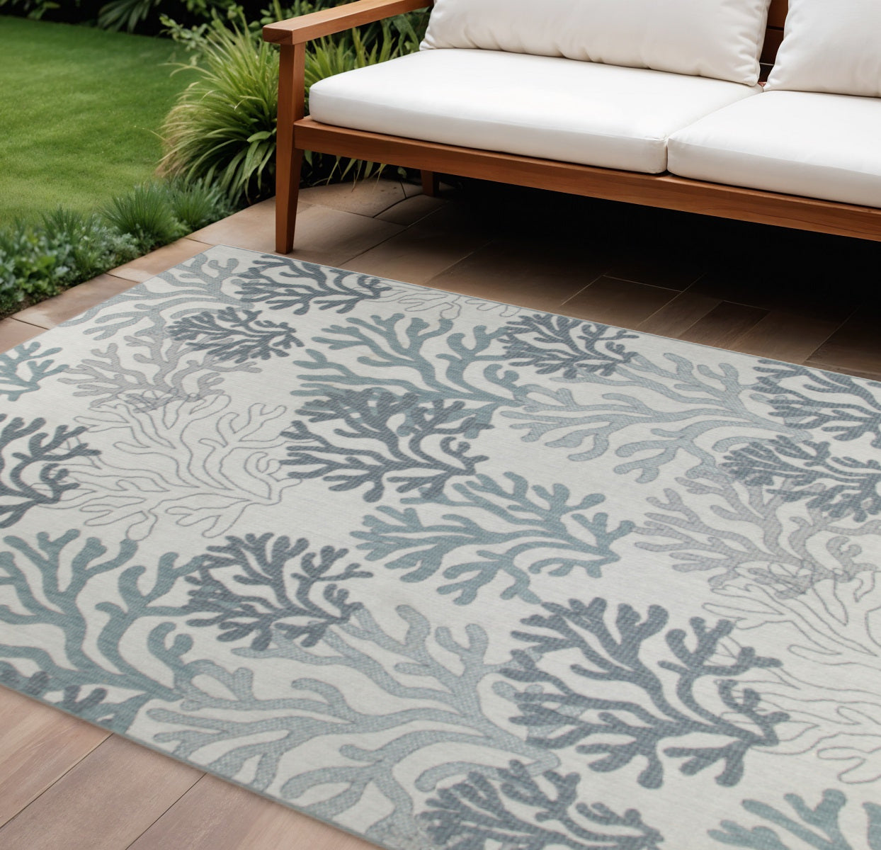 9 X 12 Blue And Ivory Nautical Indoor Outdoor Area Rug