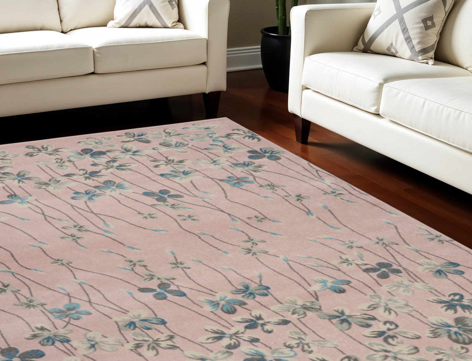 9' X 12' Pink Gray and Blue Floral Area Rug