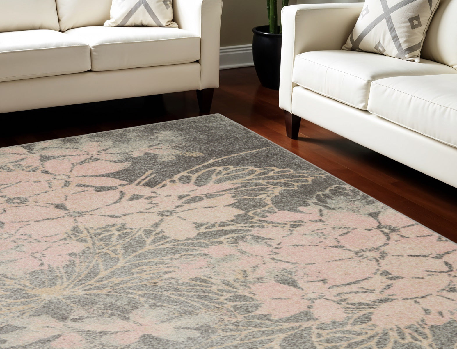 9' X 12' Gray And Pink Floral Area Rug
