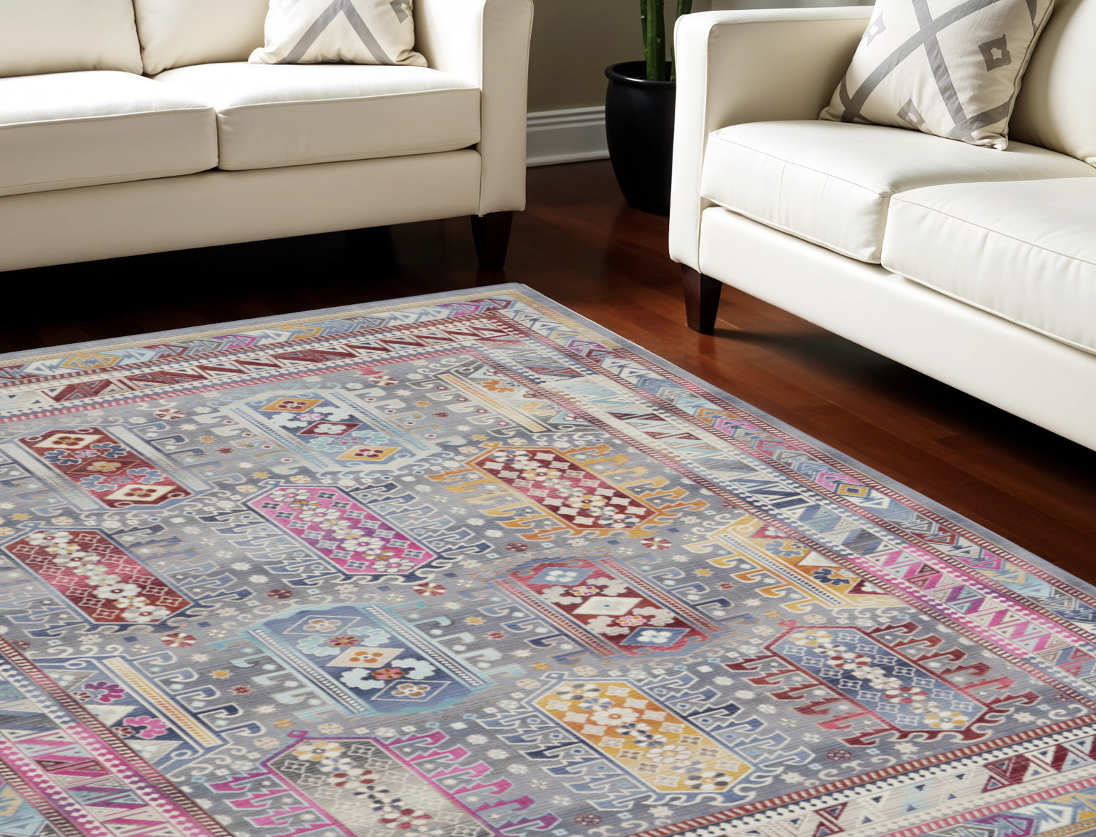 9' X 12' Ivory Gray And Red Floral Distressed Non Skid Area Rug