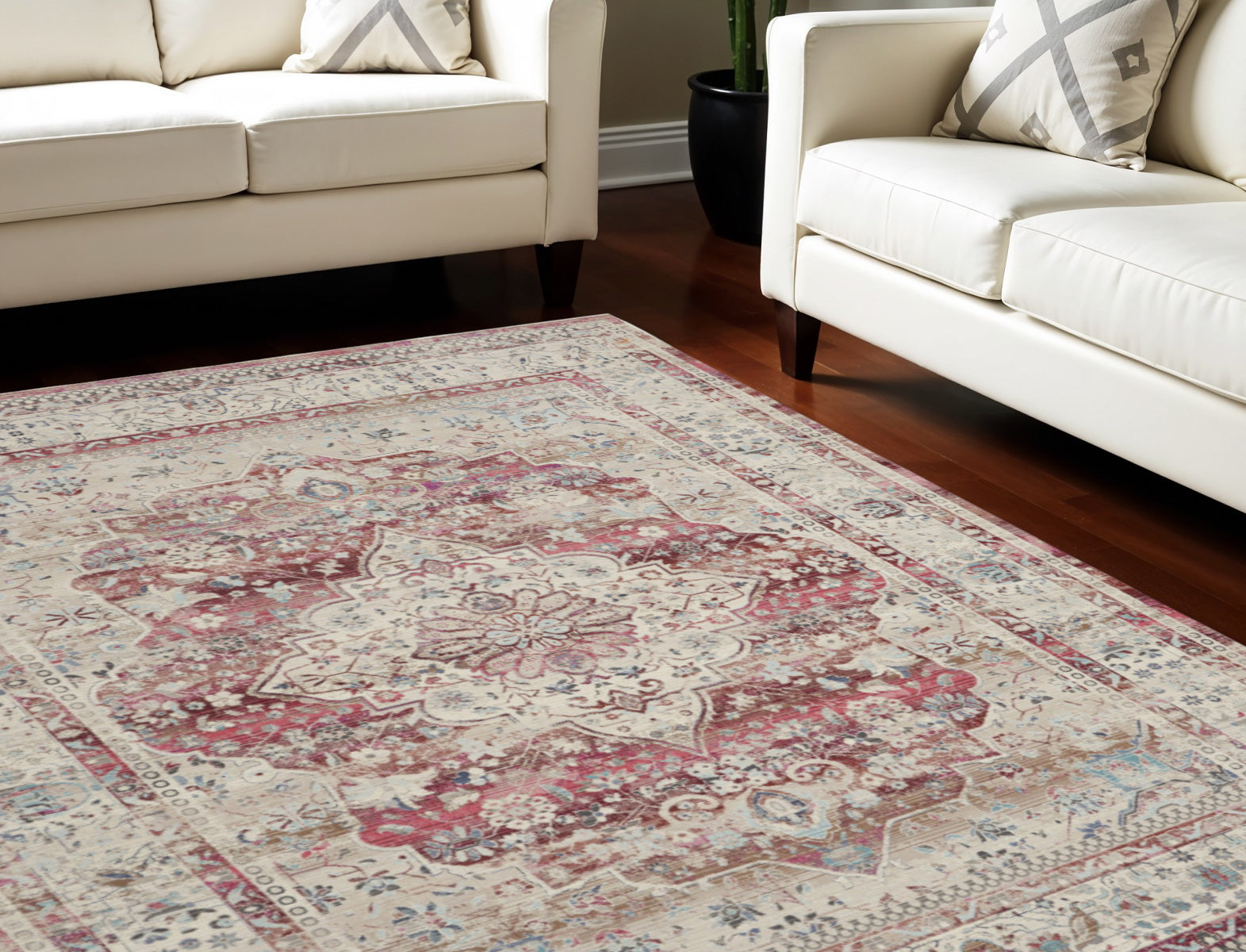 9' X 12' Ivory Red And Brown Floral Distressed Non Skid Area Rug