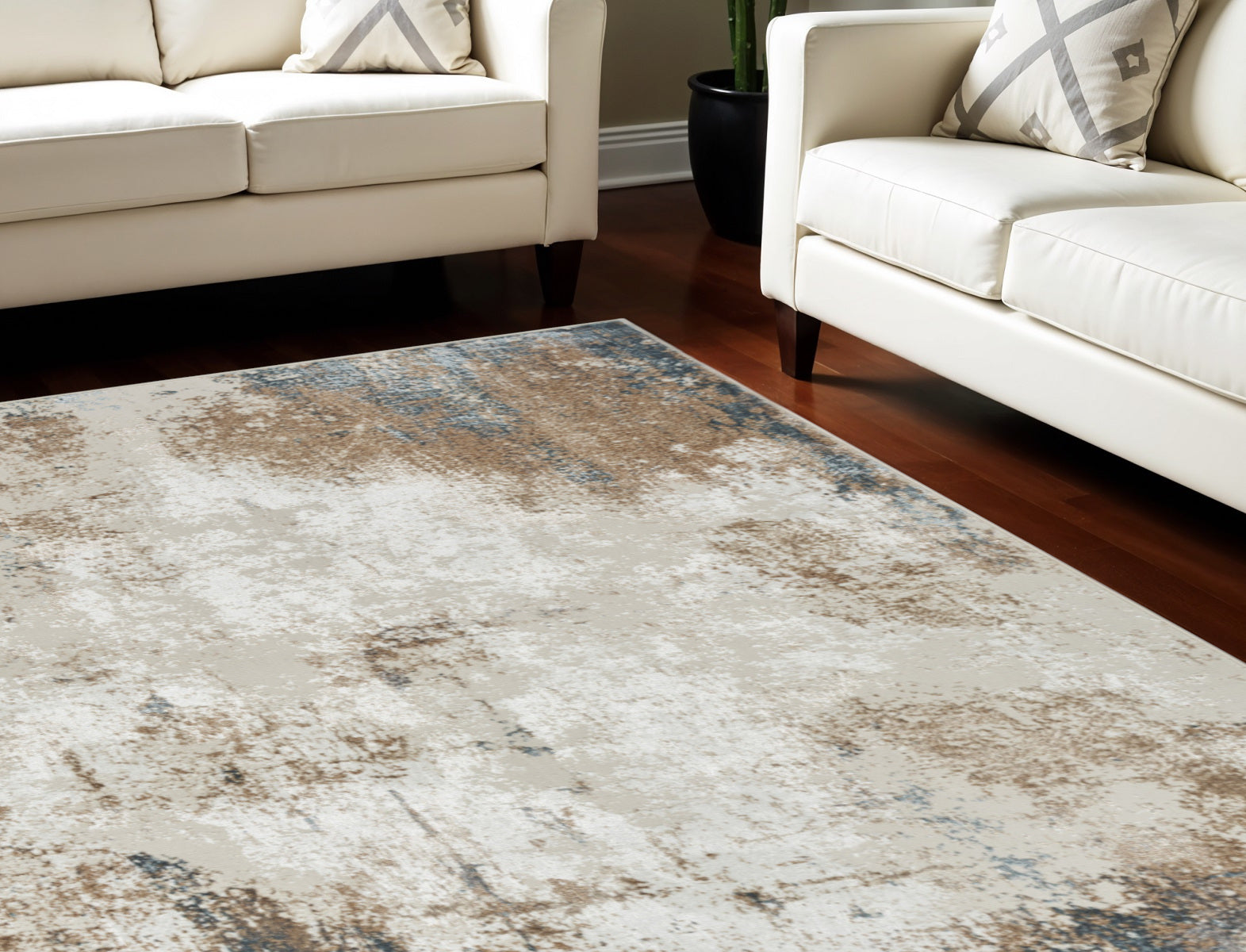 9' X 12' Ivory Charcoal and Taupe Abstract Distressed Non Skid Area Rug