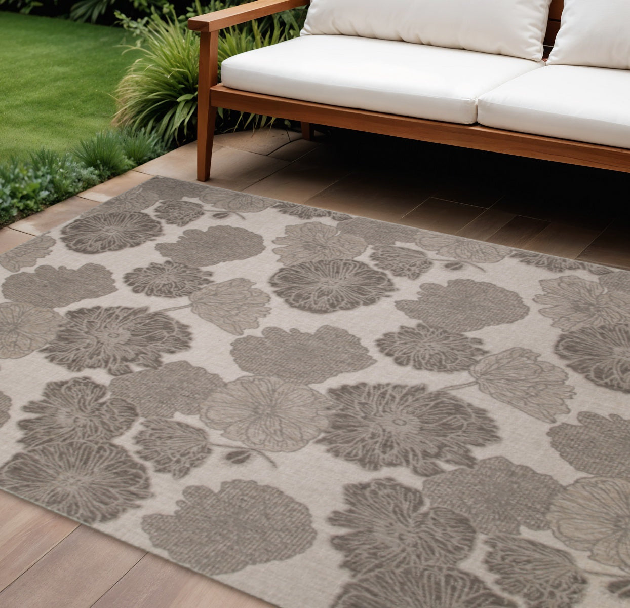 9 X 12 Natural And Ivory Floral Indoor Outdoor Area Rug