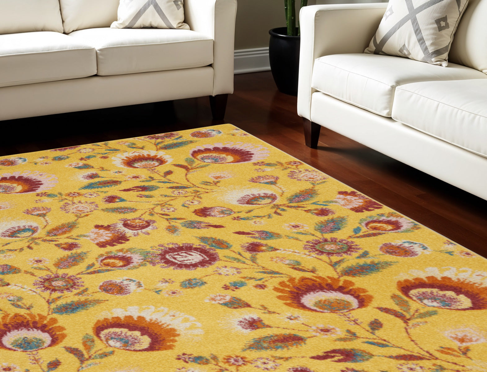 9' X 12' Yellow and Red Floral Power Loom Area Rug
