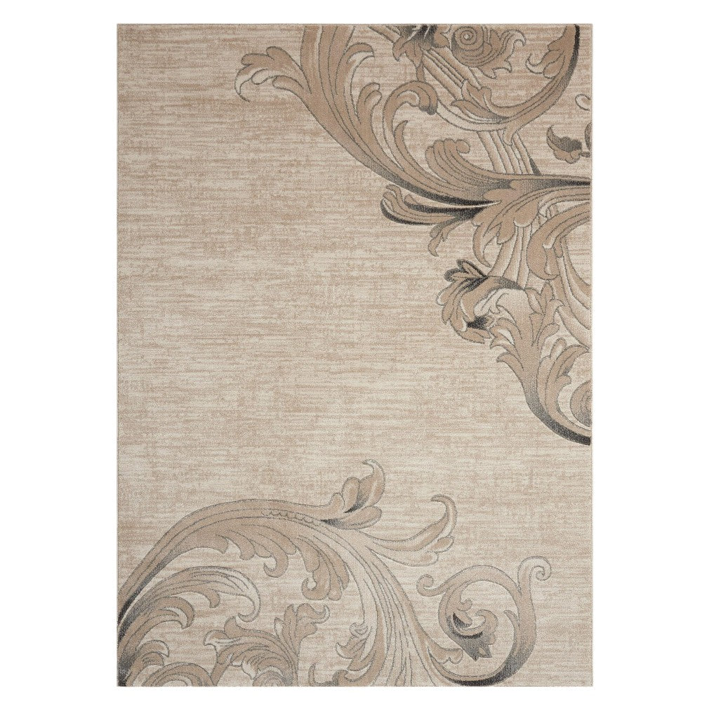 9' X 13' Tan Black and Ivory Damask Non Skid Area Rug
