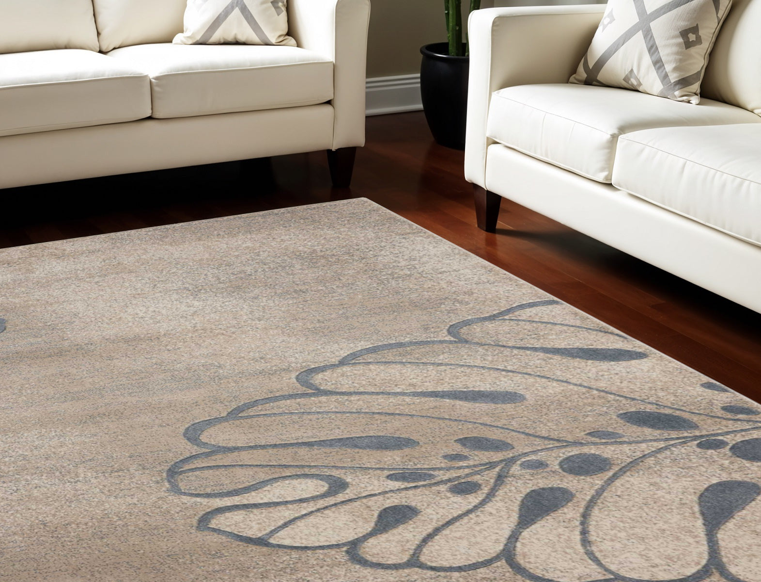 9' X 13' Beige and Gray Botanical Leaves Non Skid Area Rug