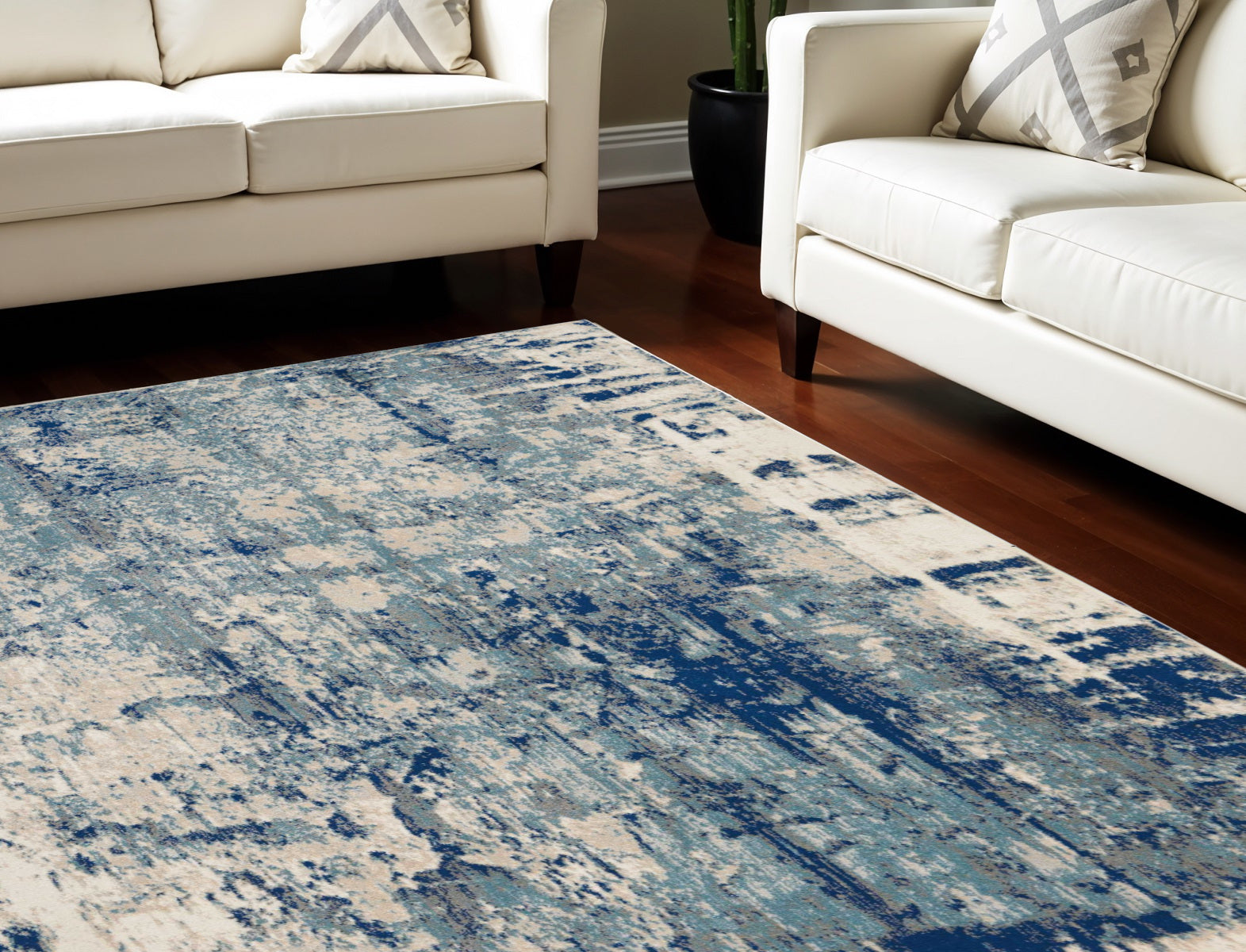 9' X 13' Ivory Blue and Slate Gray Abstract Non Skid Area Rug